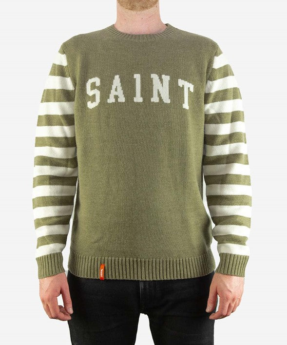 SA1NT-RETRO KNIT CREW-OLIVE STRIPE